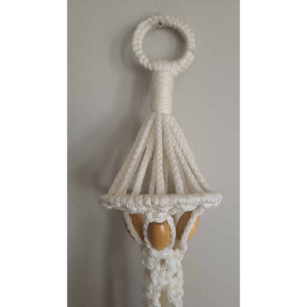 Vintage Macrame Plant Hanger Cream Boho Wood Beads Ceramic Butterfly 70s‎ Retro